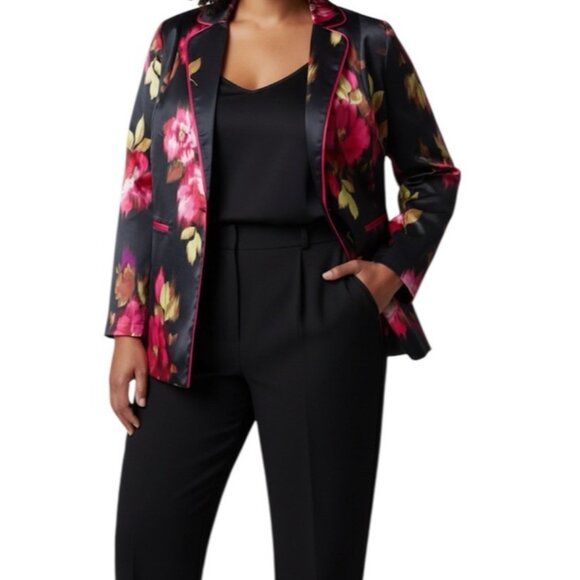 torrid Jackets & Blazers - Torrid Black Pink Floral Satin Open Front Relaxed Business Casual Blazer Size 2X